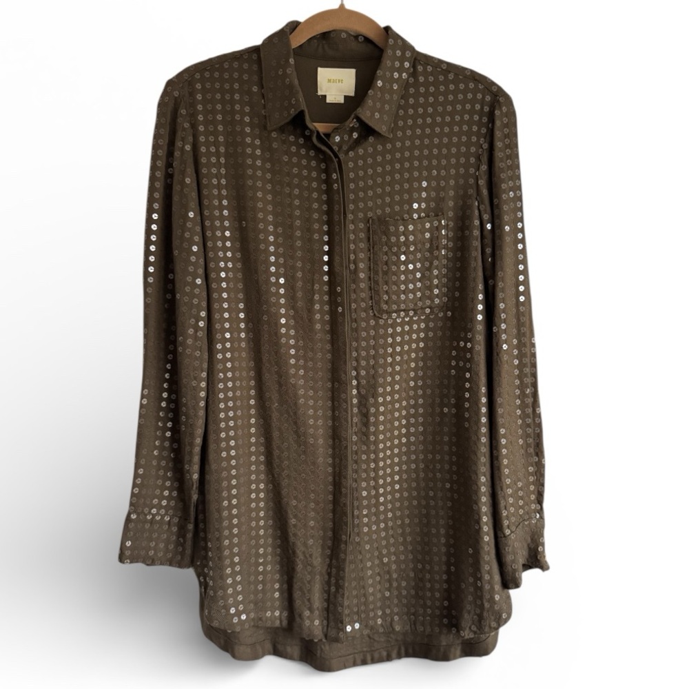 Maeve Sequin Tunic Shirt Olive Taupe Brown Button Front Long Sleeve Small